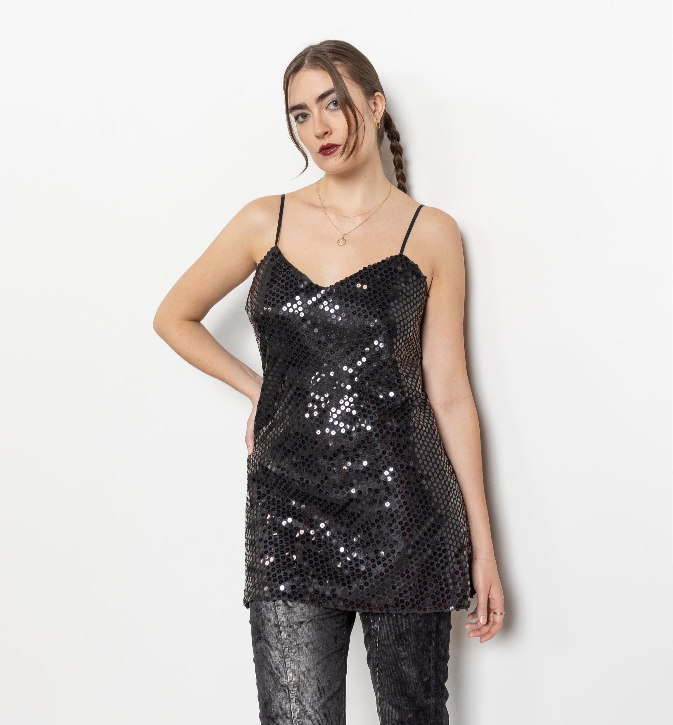 black sequin slip dress Black Sequin Mini Slip Dress