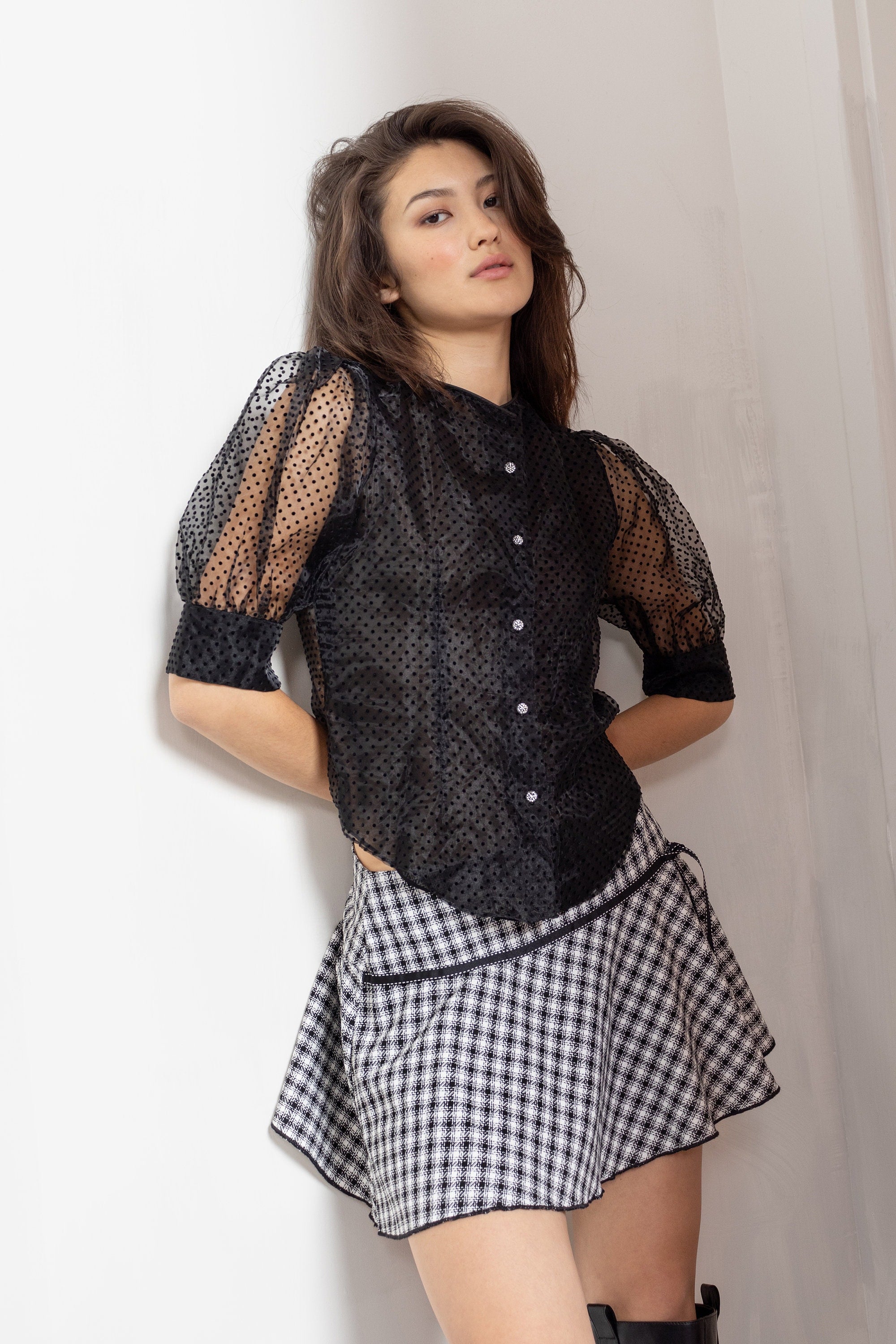 Sheer Polka Dot Puff Sleeve Blouse with Keyhole Neckline and Pintuck Detail