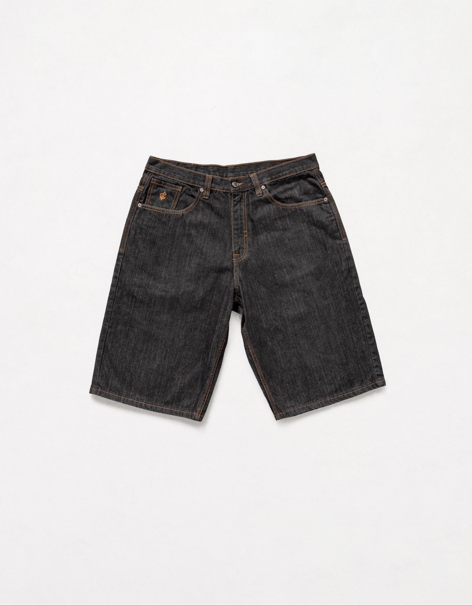 Black denim shorts on a white background