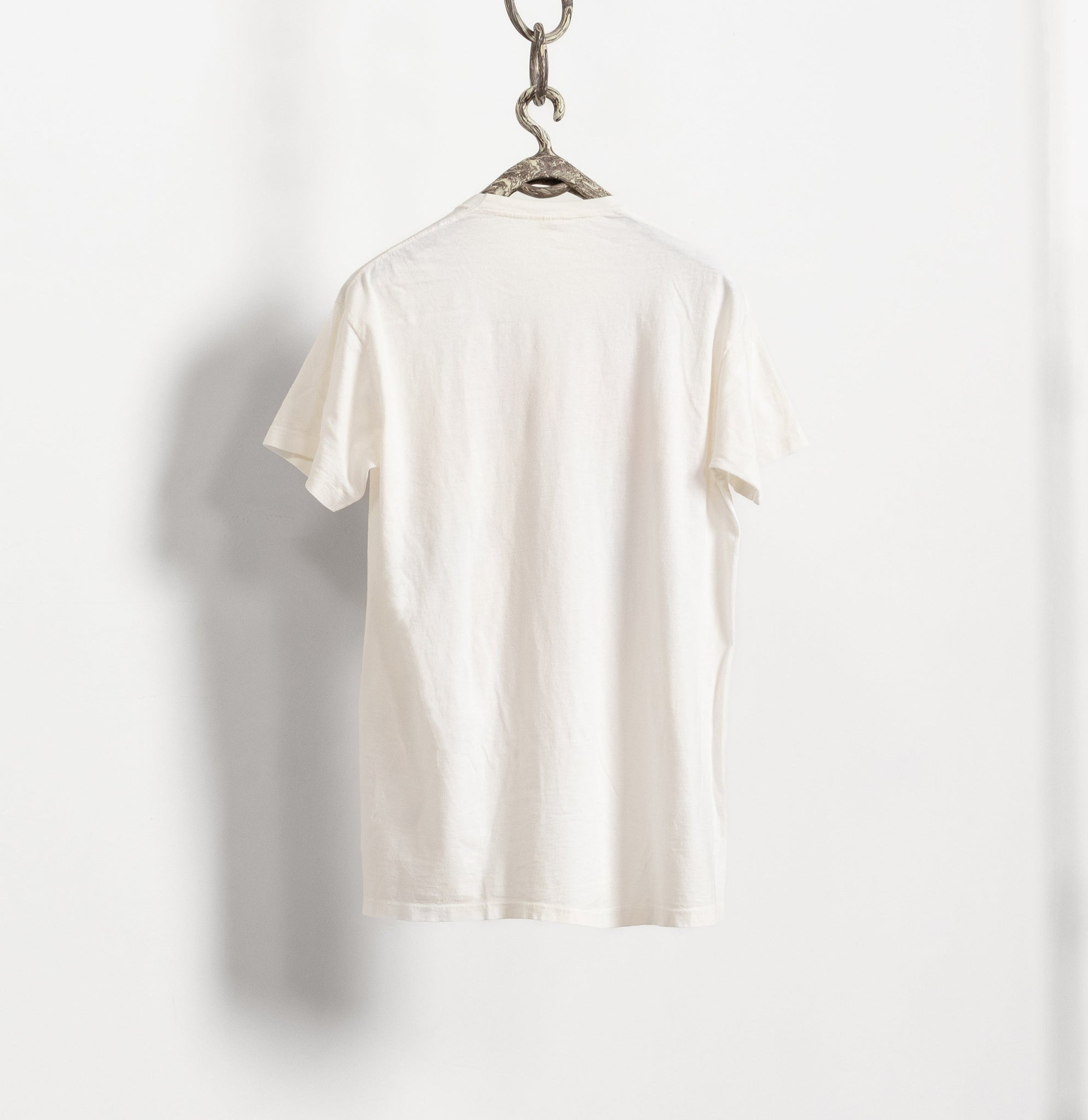 White t-shirt on a hanger against a white background