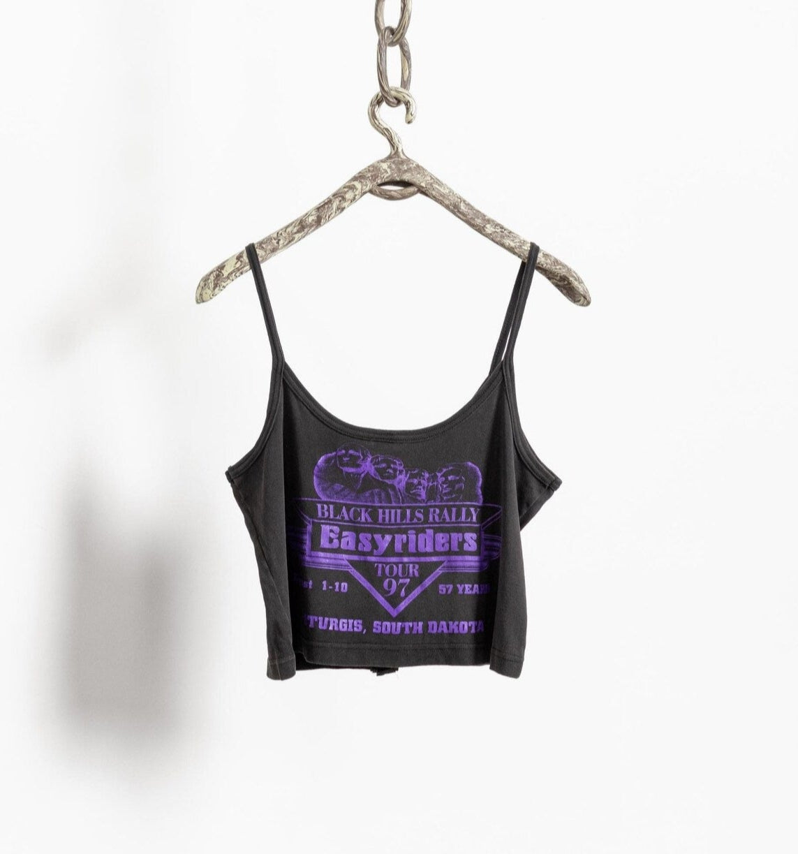 Vintage black ribbed cotton tank top with 'Easy Rider' logo and a bold purple graphic on the back, featuring spaghetti straps and a hanging chain.