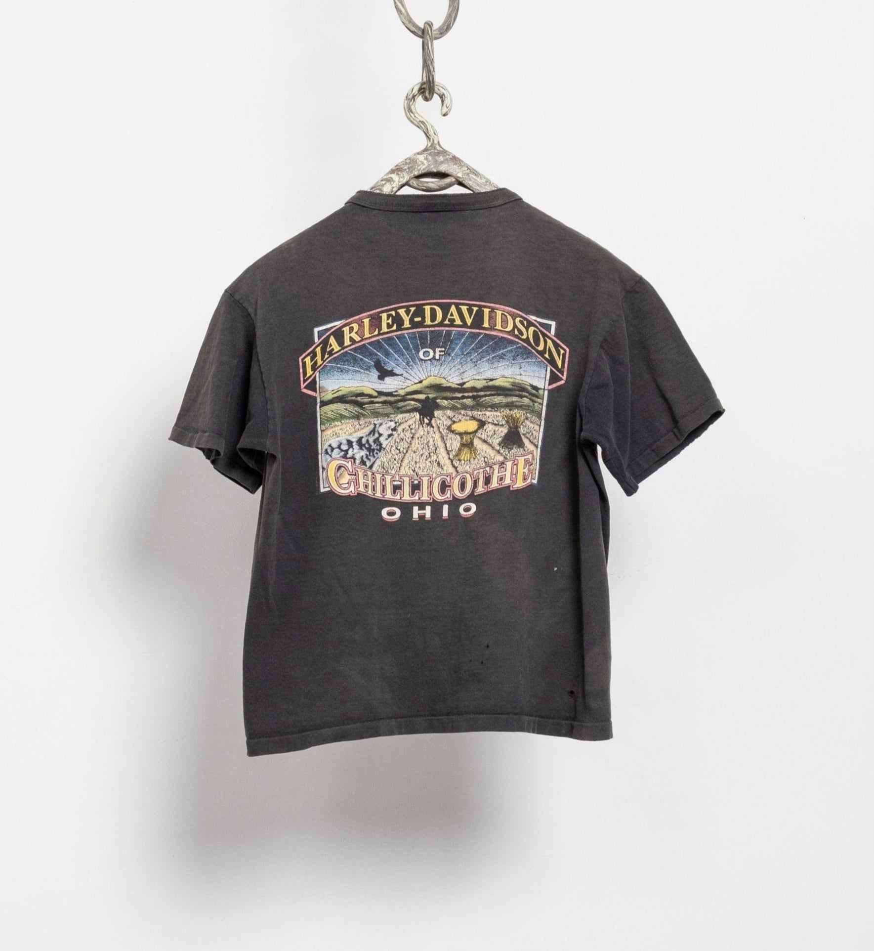Black t-shirt with Harley-Davidson graphic on a hanger against a white background