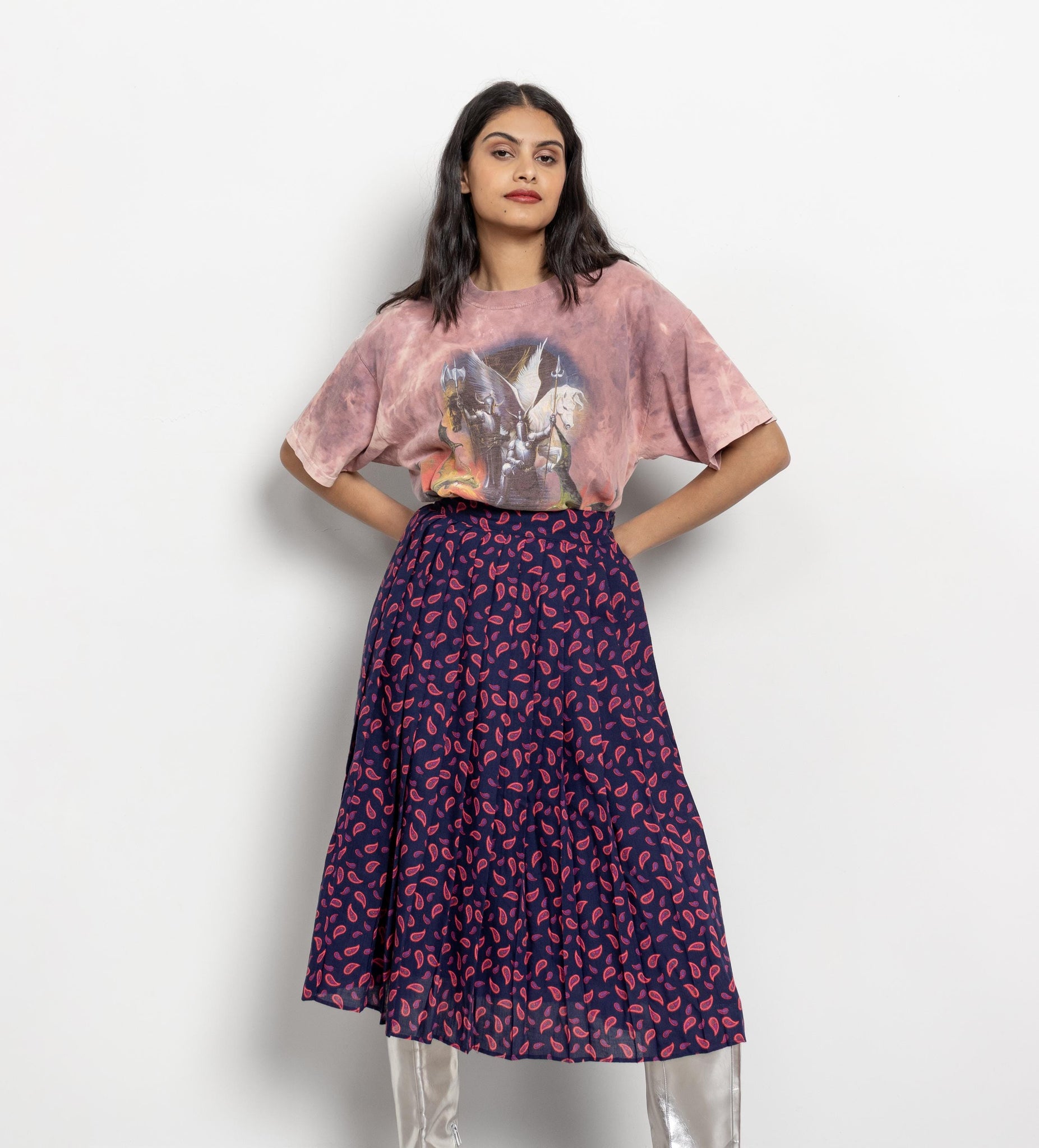 PLEATED SKIRT Vintage Paisley WOOL Midi / 27 Inch Waist