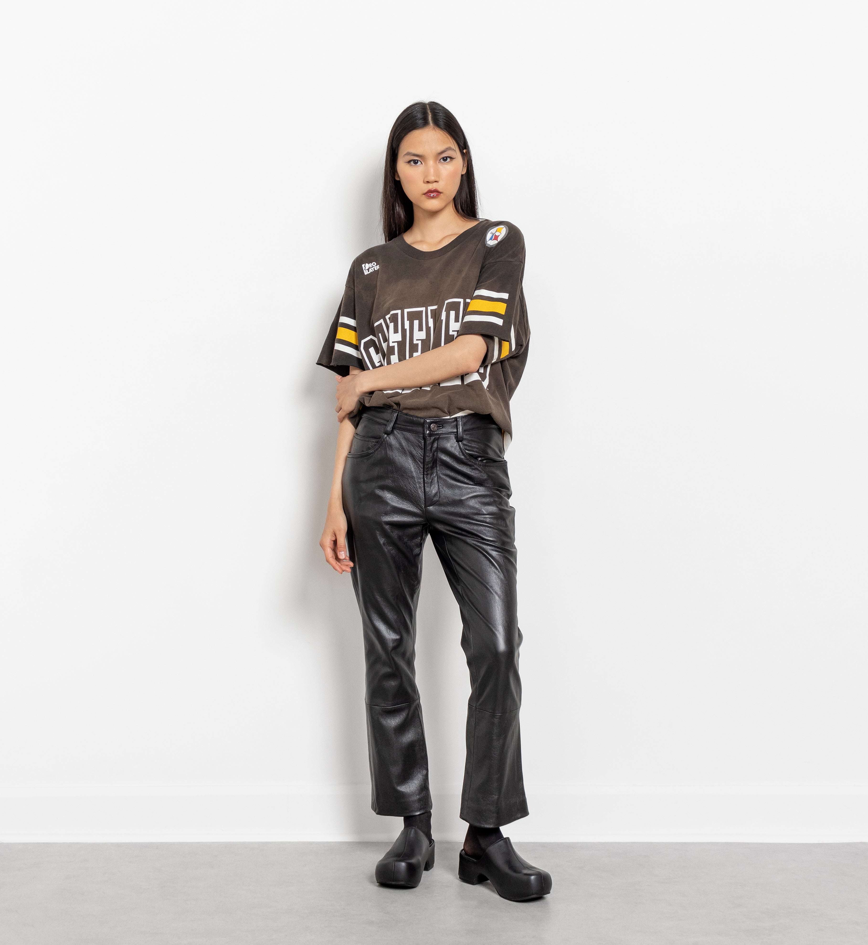 Vintage Black Genuine Leather High Waist Straight Leg Pants