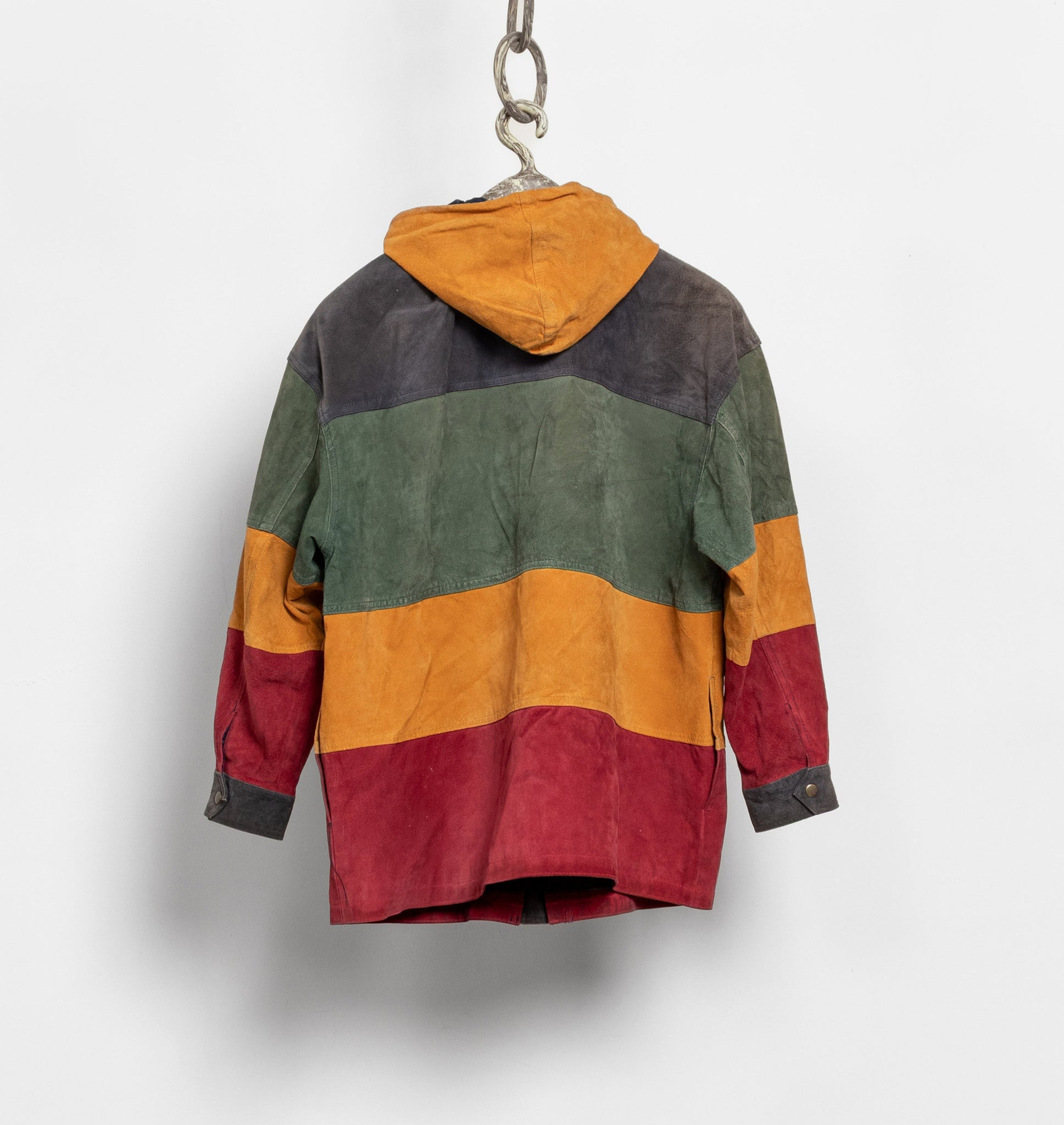 Colorful striped jacket hanging on a white background