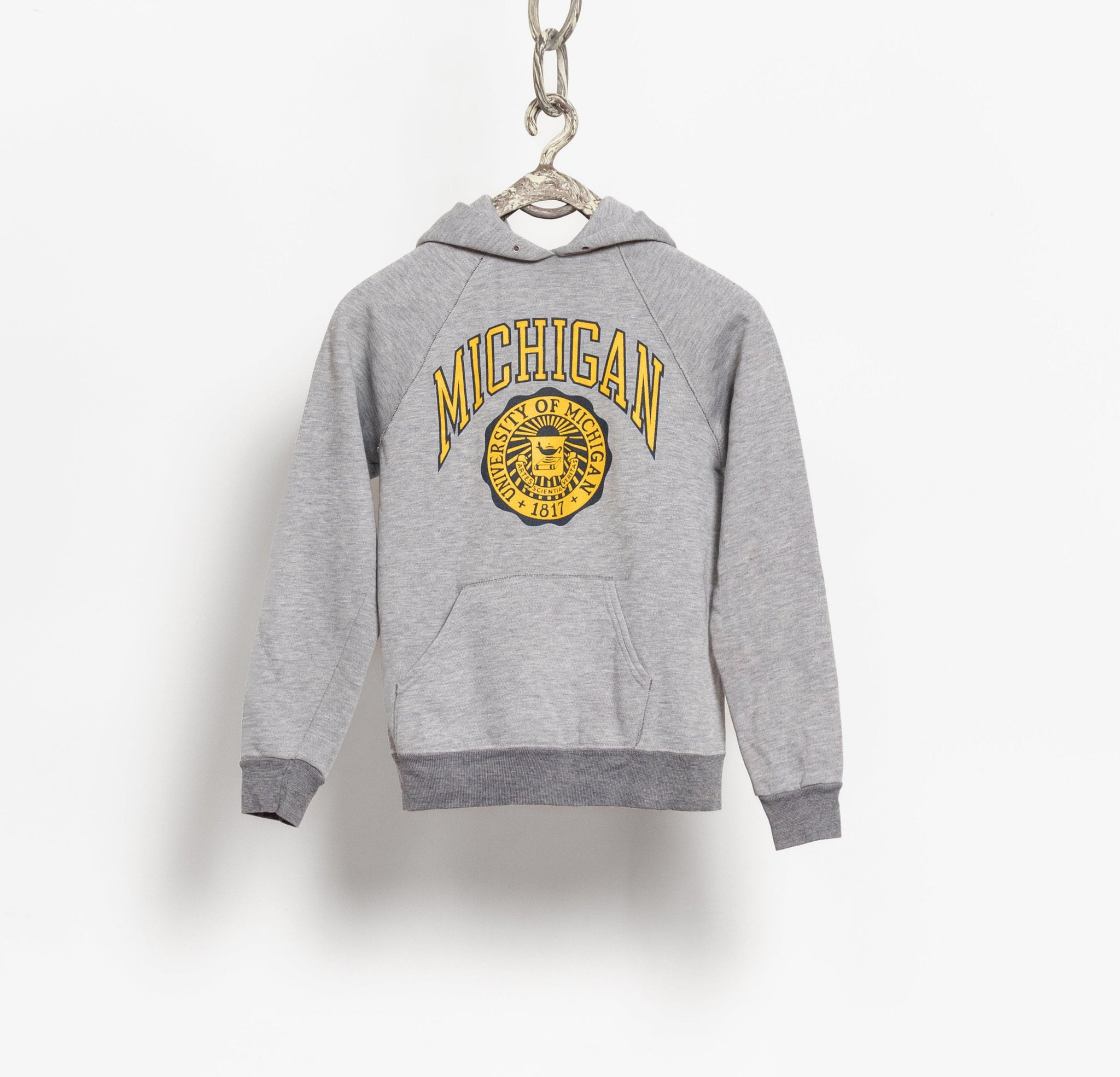 Gray hoodie with 'Michigan' text and logo on a white background