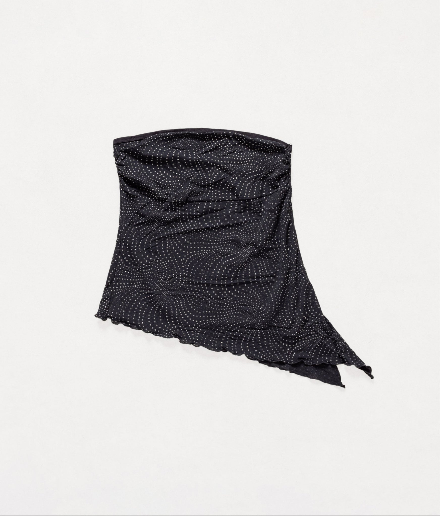 Black strapless top with intricate design on a white background