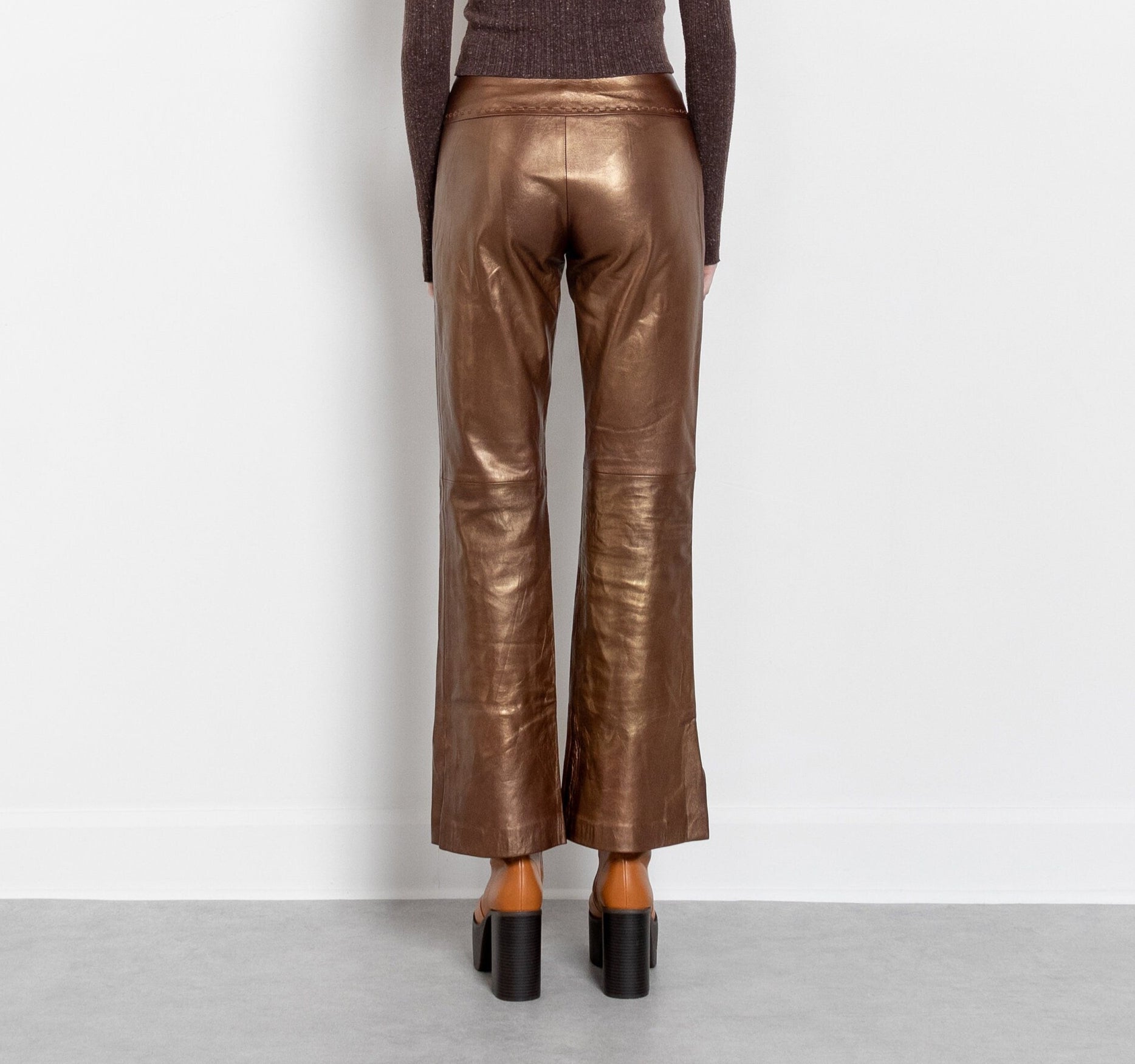 Person wearing bronze metallic pants and top against a white background